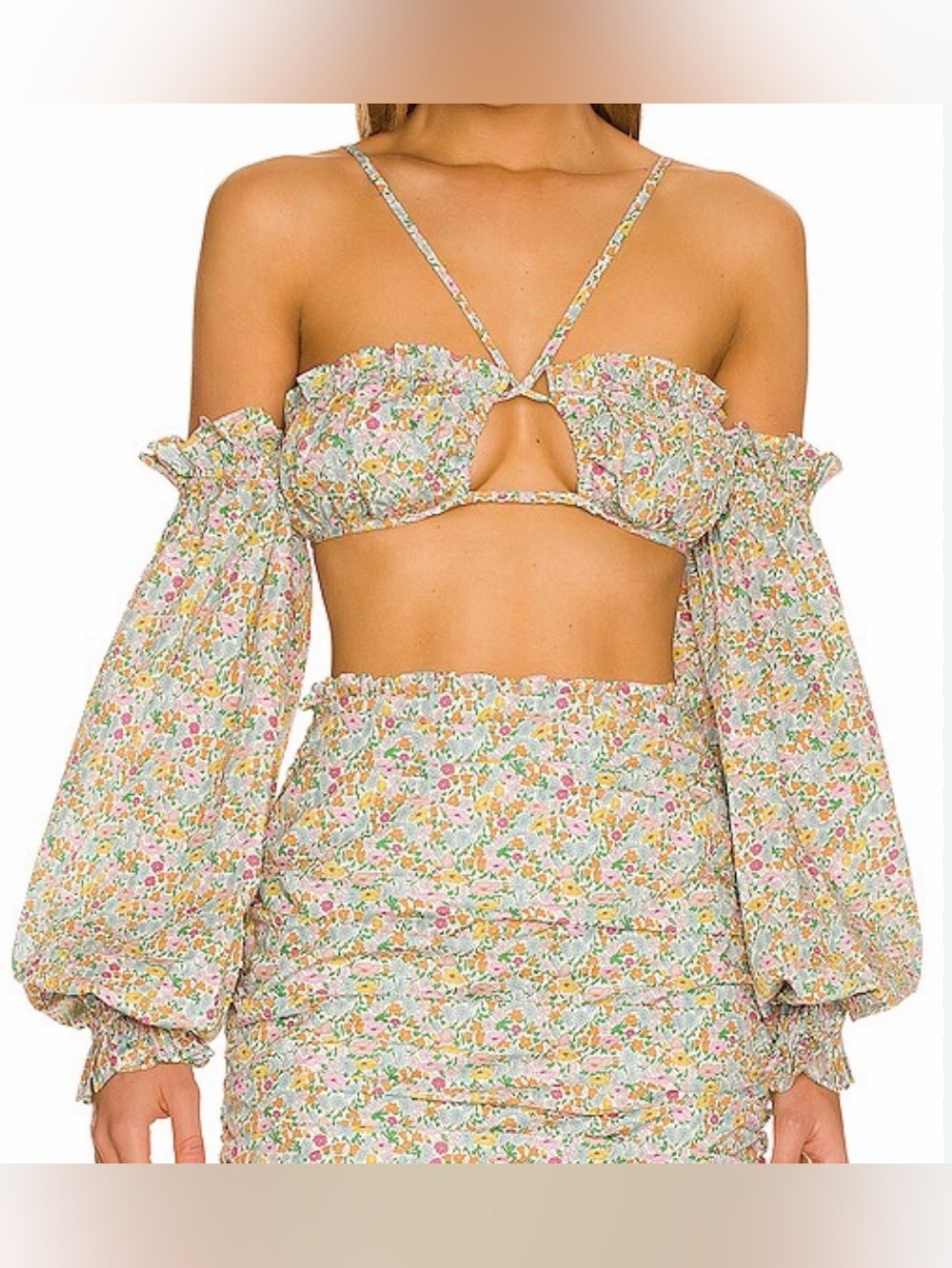 For Love And Lemons White Multi Floral Off-Shoulder Crop Top